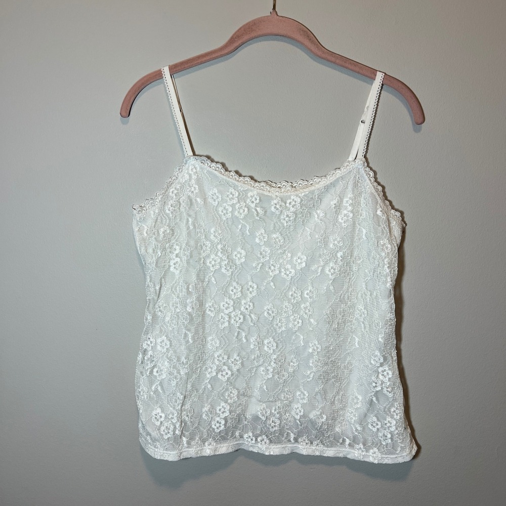 Elle White Floral Lace Camisole Tank Top Adjustable Straps Women's Medium